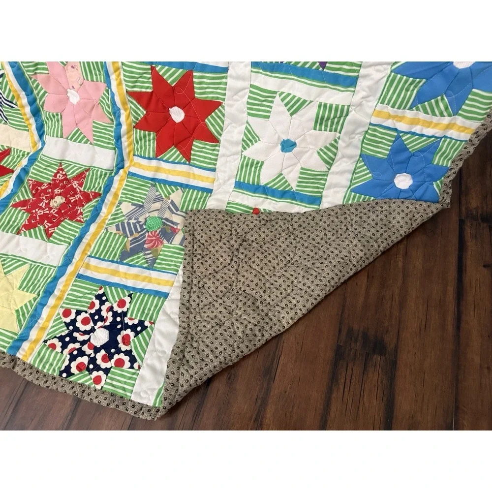 VTG Handmade Patchwork Quilt Floral‎ Star Striped Pattern Boho Farmhouse 70x78